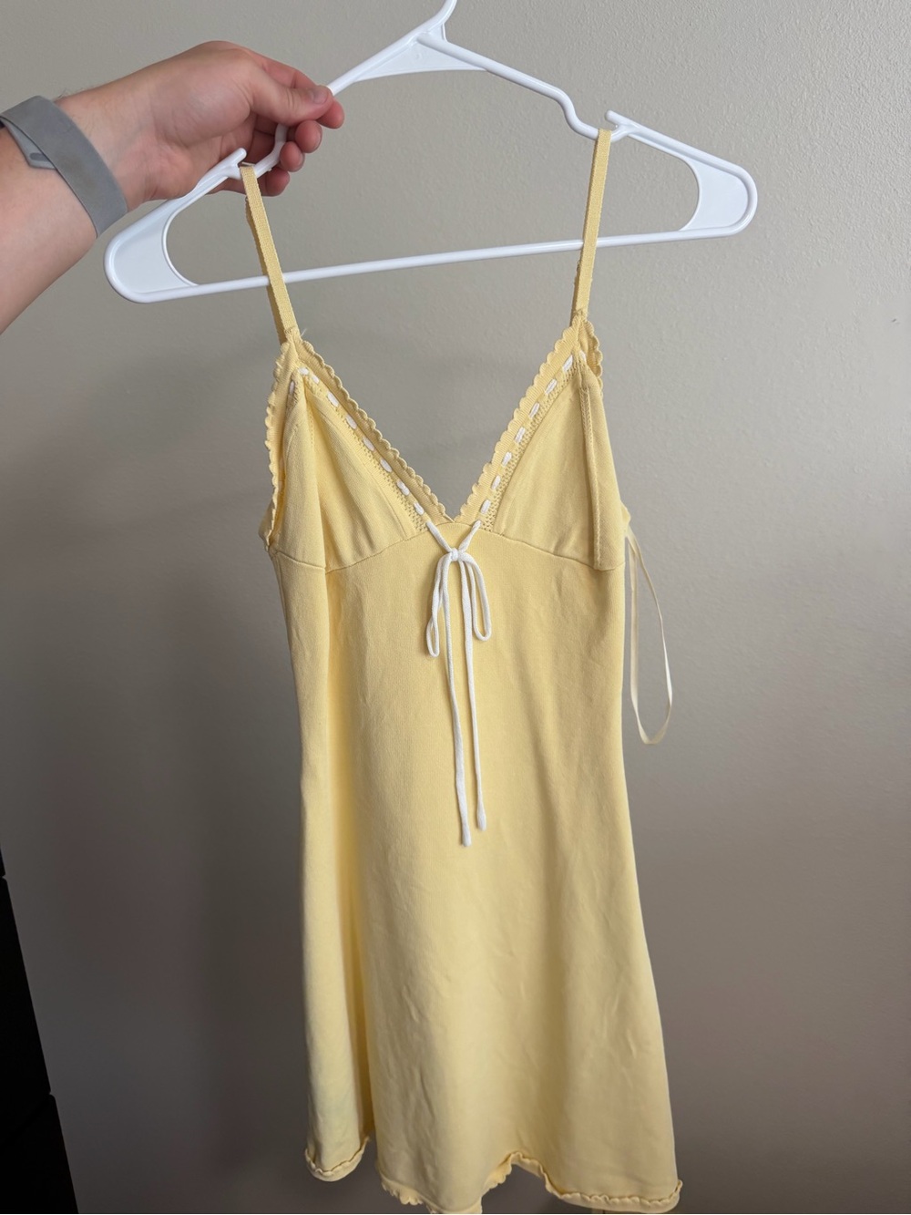 White Fox Boutique Pale Yellow Lace-Trim Mini Slip Dress